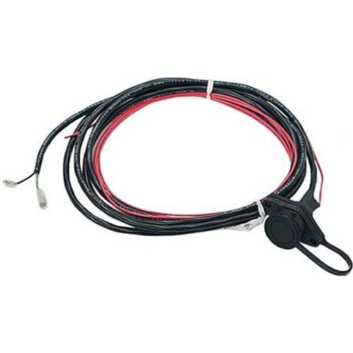 The Replacement Remote Control Socket By Warn features coiled red and black wires with a round black button switch and metal connector terminals at the ends.