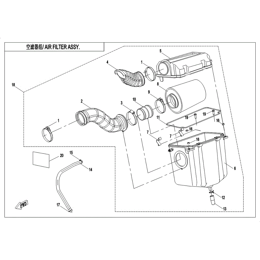 An Image of a genuine CFMOTO Parts Schematic Diagram showing the group - AIR FILTER ASSY. - 2019 CFMOTO CFORCE 400