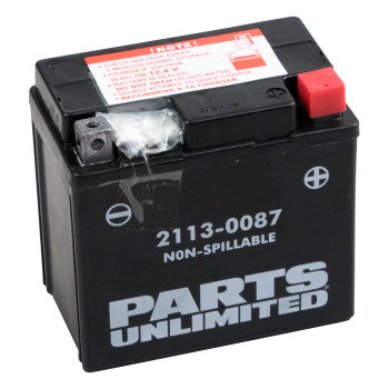 Compact black AGM battery with red positive terminal, labeled Parts Unlimited and non-spillable design.