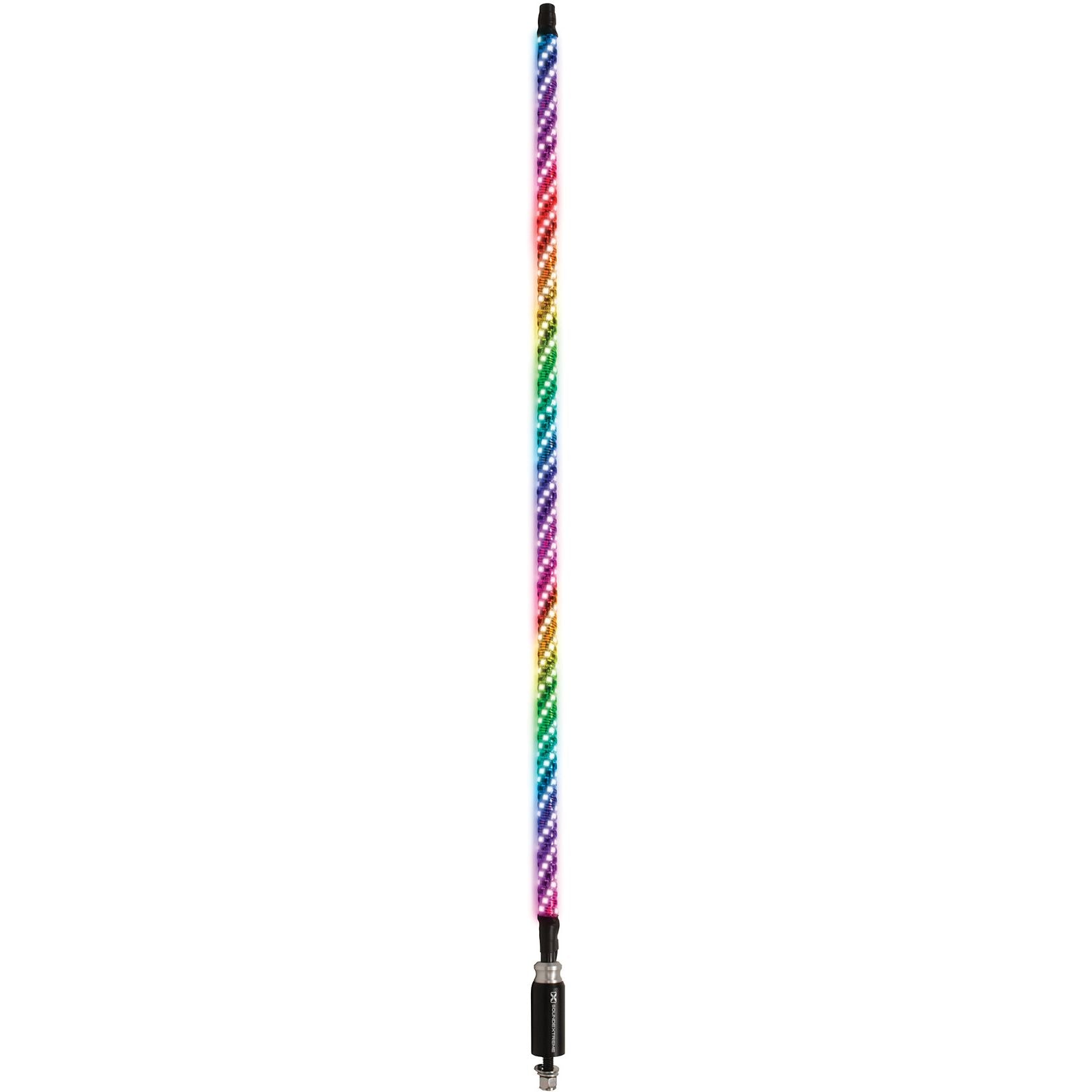 The 4 LED Whip by EcoXGear features vibrant rainbow-colored LEDs that spiral along its length, creating a glowing multicolored effect—ideal for Bluetooth controlled off-road vehicles.