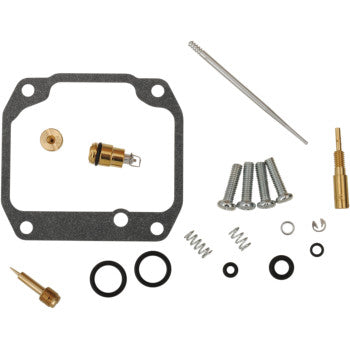 The Suzuki Carburetor Repair Kit by Moose Offroad includes a gasket, screws, springs, NBR rubber O-rings, jets, needle, and various small metal and rubber parts displayed on a white background.