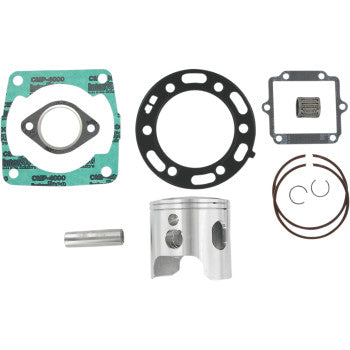 A Polaris Sportsman Piston Kit with Gaskets 83.00 mm by Wiseco is laid out on a white background, including piston rings, a wrist pin, circlips, and a reed valve.