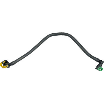 The Polaris Sportsman Replacement Fuel Line by Moose Offroad is a black, curved OEM hose with yellow and green plastic connectors on each end, shown against a white background.