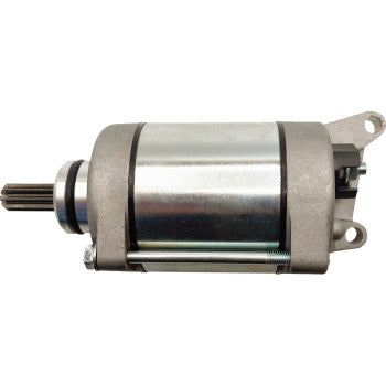 Metallic cylindrical Yamaha starter motor with silver body and gray mounting brackets on either end.