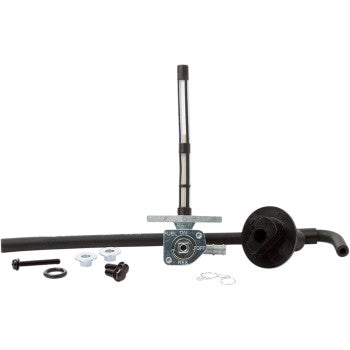 The Honda Petcock Fuel Kit by All Balls features black and silver hardware, including pipes, an OE replacement fuel valve, screws, washers, and a circular component, all arranged on a white background.