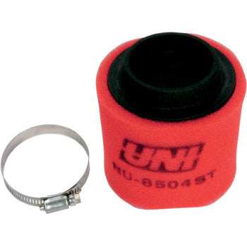 A Polaris Air Filter by Uni Filter, red foam with an ultra-seal black rubber opening, is shown next to a silver metal hose clamp. UNI NU-8504ST is printed in black on the filter.