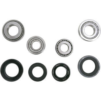 The Kawasaki-Suzuki-Arctic Cat Hub Bearing Conversion Front Kit by Pivot Works displays eight OEM replacement parts: metal tapered roller bearings on top and black circular seals below, all arranged against a white background.