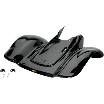 The Rear Fender Black by Maier is a glossy, curved ATV rear fender made from high-density polyethylene, featuring mounting holes and comes with two small black caps and screws, shown on a white background.