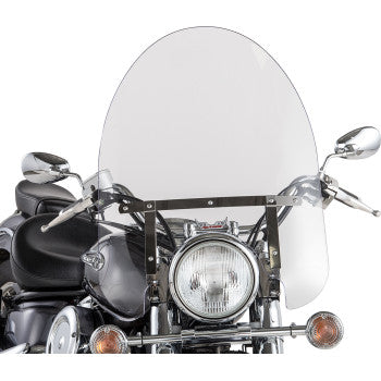 Front view of a motorcycle with the Slipstreamer Classic Windshield - 22 Oversized, Clear, featuring Quick Release mounting above the headlight and handlebars, chrome mirrors, and a black seat.