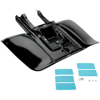 The Rear Fender Black by Maier, made from high-density polyethylene with an OEM color match finish, comes with mounting hardware and six blue rectangular grip pads, all shown on a white background.