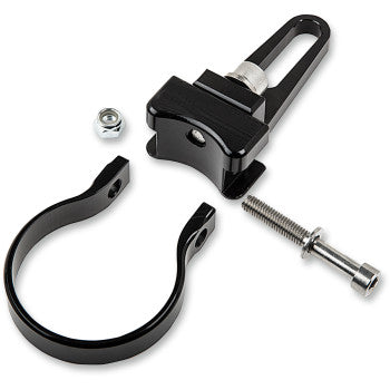 The 1 3/4" Bar Mounts by Brite-Lites is a black metal kit with a round bar clamp, slotted mount, hex bolt, and nut—perfect for LED light bar no-drill installs—shown neatly arranged on a white background.