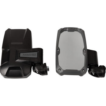 Pair of black rectangular side mirrors with profiled mounting brackets for Can Am or Polaris ROPS, rugged plastic housing.