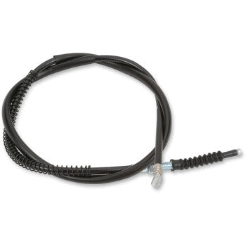 The Yamaha Black Vinyl Clutch Cable by Parts Unlimited features a coiled black design with metal fittings and a protective spring sheath, meeting OEM specs. Shown on a plain white background.