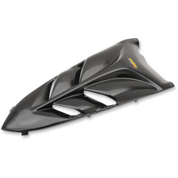 The Hood Cover YFM350R Black by Maier features a glossy OE color-matched finish, three white vent accents, and a sleek angular design crafted from high-density polyethylene for lasting durability.