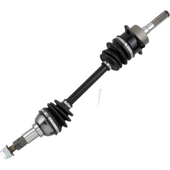 Black metal CV axle shaft with ribbed rubber boots and silver metal joints on each end, including a small pin accessory.