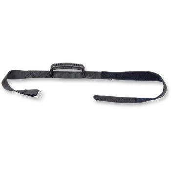The Jug Handle Fuel Can Black by Motorsport Products is a black adjustable nylon strap with a plastic center handle and end buckle, designed for carrying 5-gallon gas cans or securing various items.