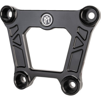 A black anodized aluminum radius rod plate by Pm Off-Road, designed for the Polaris RZR Turbo S, features four mounting holes and geometric detailing—ideal as a durable tow hook mount.