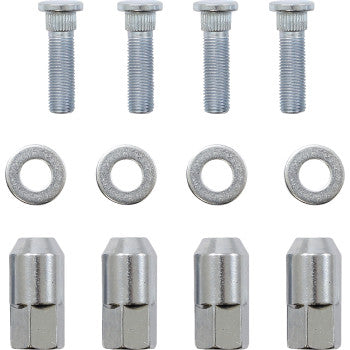 The Polaris Ranger Wheel Stud & Nut Kit Rear by Moose Offroad includes four metal bolts, four washers, and four wheel nuts arranged neatly on a white background—perfect for wheel rebuilds.
