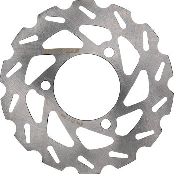 The Honda Brake Rotor by All Balls is a silver, round disc brake rotor made from 420 stainless steel with a wavy outer edge and multiple cut-outs to enhance cooling and braking efficiency.