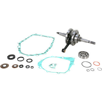 The Yamaha YFM350 Raptor/Warrior Crankshaft Kit by Wiseco includes a crankshaft assembly, main bearings, gaskets, seals, and O-rings displayed on a white background.