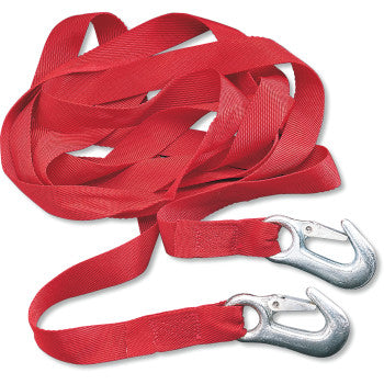 The Parts Unlimited Tow Rope 12', in red, features two silver spring-clip retaining hooks on each end and is shown coiled loosely against a white background.