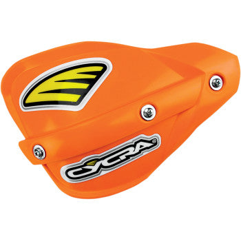 The Probend™ Plastic Replacement Handshields Orange by Cycra feature injection-molded orange plastic, a yellow and black graphic, white logo, and are attached with three visible screws.