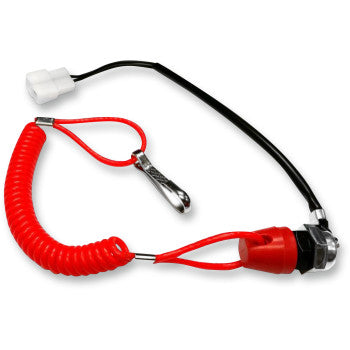 The Panel Mounted Kill Switch by K&S Technologies features a red coiled lanyard with a metal clip, black wire, and white connector, ideal for use as an engine safety tether or kill switch for personal watercraft or boats.