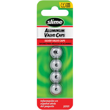 A retail pack of Valve Stem Caps Silver 4 Pack by Slime includes four silver caps in a clear plastic blister with green and red labeling. The top displays the Slime brand and product name, ideal for general valve replacement.
