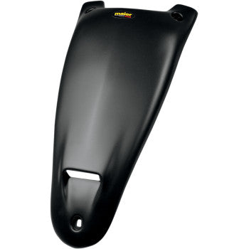 A black Scooped Hood Stealth Kawasaki KFX by Maier, made of high-density polyethylene with a smooth surface, two top mounting holes, a bottom cutout, and a small Maier logo at the top center—OE color-matched finish.