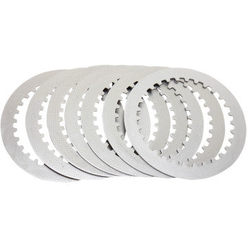 A set of seven Prox Kawasaki-Suzuki steel clutch plates with textured surfaces, arranged with a slight overlap on a white background—ideal OEM-spec replacements.
