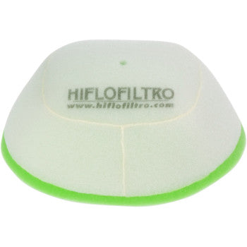 The HFF4015 Yamaha Foam Air Filter by HiflofiSuzuki LTR o ensures maximum filtration and high airflow, delivering superior engine protection. White with green edges and labeled HIFLOFILTRO plus www.hiflofiltro.com on top.