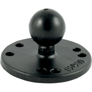 The Ball Mount with AMPS Hole Adapter by Ram Mounts is a round, black, marine-grade aluminum base plate featuring a central ball and four evenly spaced predrilled holes.