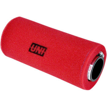 The Polaris Replacement OEM Air Filter by Uni Filter is a red cylindrical foam filter with a black UNI logo and metal clamp, designed for vehicles or machinery to deliver higher airflow than the original OEM filter.
