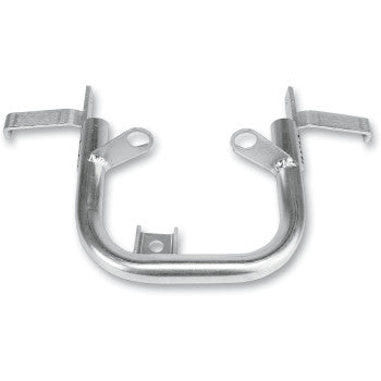 The Yamaha YFZ Fat Grab Bar by Dg Performance is a metallic, U-shaped bracket with two circular mounting holes and flat outward-facing tabs, ideal for securing ATV hardware like whip antennas or use with aluminum tubing.