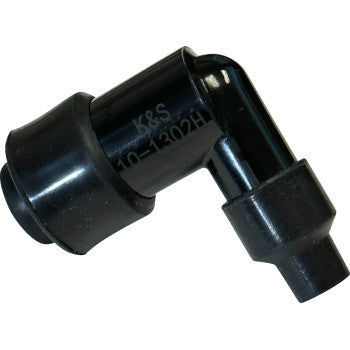 Close-up of a black plastic Spark Plug Cover No Resistor 10 12 14 mm by K&S Technologies featuring a 90-degree elbow design and waterproof surface.