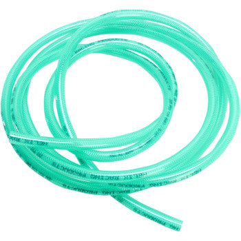 Coiled translucent green 10-foot high pressure fuel line tube with printed text on surface.