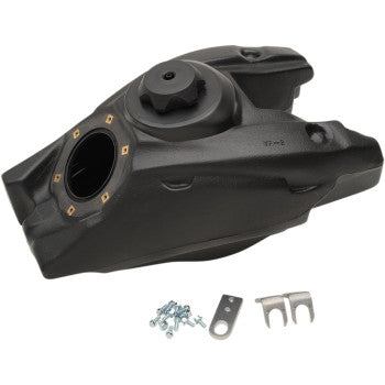 The Yamaha Large Capacity Gas Tank Black 3.8 Gallon by IMS Products Inc. features a threaded cap and is made from high-density polyethylene, shown with hardware (screws, metal bracket, clip) on a white background.