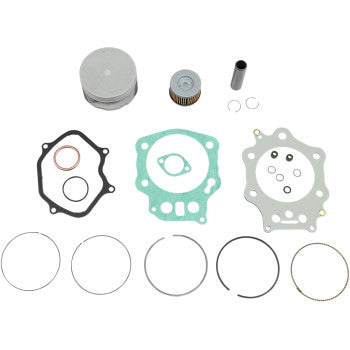 The Honda Top End Kit 90.50 mm by Wsm includes gaskets, piston rings, a filter, metal pins, and sealing rings—all engine parts displayed neatly on a white background.