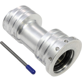 The Honda TRX Axle Carrier Super Twin by Lone Star Racing, a cylindrical metal component with precision grooves and holes, is shown beside a slim metal rod with a blue tip—perfect for demanding mechanical or automotive use.
