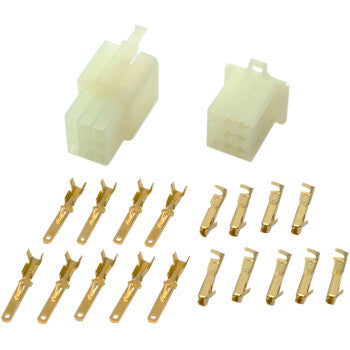 Two Shindy Electrical Connectors Nine Pin housings with multiple slots are displayed above a row of gold conductor pins on a white background—perfect for custom accessory wiring or factory wiring harness use.