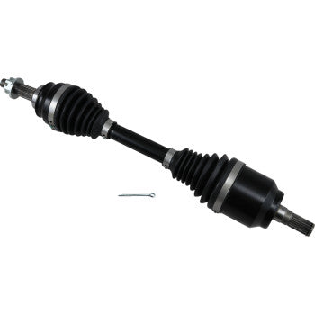 Heavy-duty black metal front right axle with protective accordion-style rubber boots and included pin.