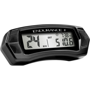 The Endurance II Speedometer by Trail Tech displays 24 MPH, an odometer of 510.6, and time at 7:30:45 on its rectangular screen. Its black, curved-casing design adds modern style and function.