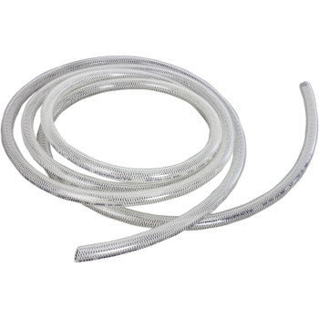 High Pressure Fuel Line Clear 3/8" 10' by Helix is a coiled, transparent braided plastic hose with a cut end shown against a white background. This abrasion-resistant tubing ensures durable, versatile performance for various uses.