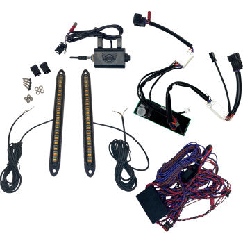 The Honda Talon Turn Signal Kit Front & Rear by Custom Dynamics includes two LED light strips, wiring harnesses, connectors, a run brake turn conversion module, and mounting hardware—ideal for custom brake flash patterns.