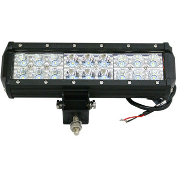 The LED Light Bar 10 1/2 by Rivco Products is a rectangular bar with 12 LEDs, mounted on a black metal bracket with exposed wiring, and provides a crisp 6000 K color temperature.