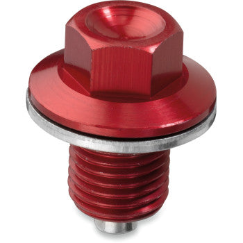 The Yamaha Magnetic Drain Plug Red by Moose Offroad features red metallic hexagonal design, threading, a silver washer, and is ideal for engine protection in automotive or mechanical use. Shown against a white background.