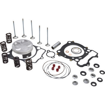 The Top End Service Kit by Kibblewhite, featuring performance pistons, valves, springs, gaskets, seals, and washers, is neatly arranged on a white background.