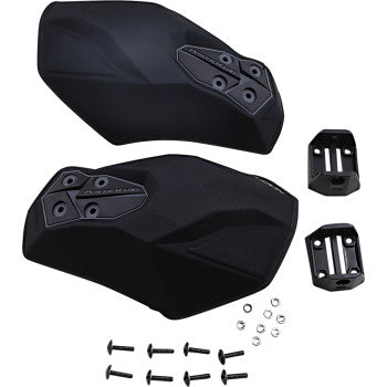 Matte black angular hand guards with mounting brackets and hardware for offroad vehicles.