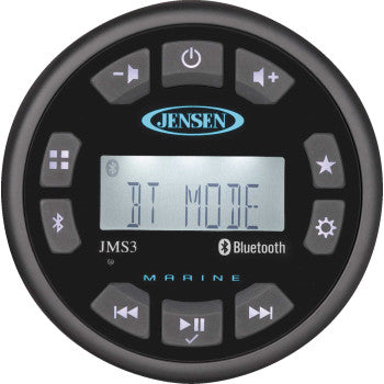 The Bluetooth Stereo 160 by Jensen is a round marine audio controller with a digital display showing BT MODE, Bluetooth button, AM/FM tuner, playback controls around the screen, Jensen logo at the top, and MARINE at the bottom.