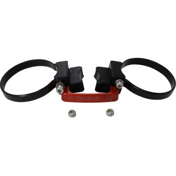 The Fire Extinguisher Mount Quick Release 3" by Klock Werks features two black metal circular clamps joined by a red 6061 aluminum bracket with white symbols, plus two silver screws below—ideal for securely fastening fire extinguishers.